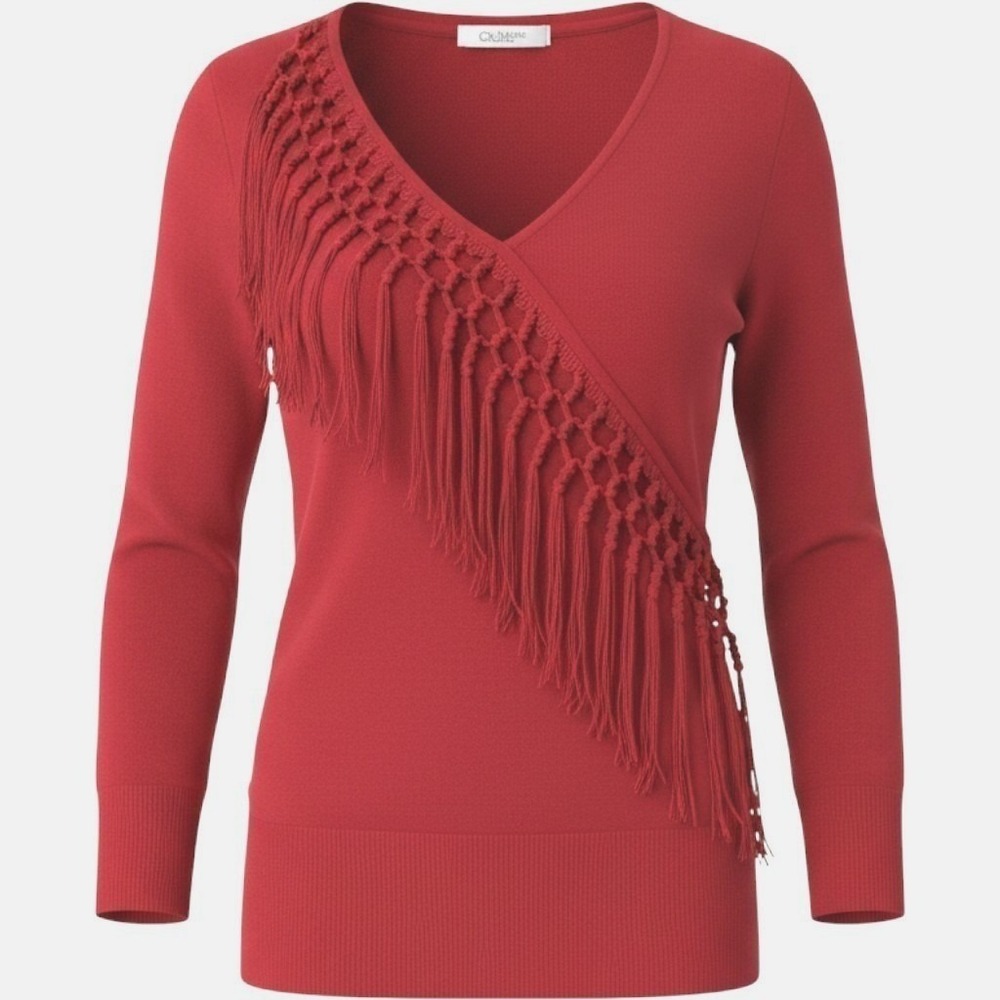 Vintage Cache Fringe V-Neck Silk Blend Sweater Medium Red